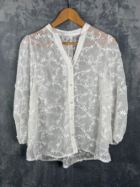 White Sheer Floral Embroidered Lace Blouse Button Front Long Sleeve NWT S